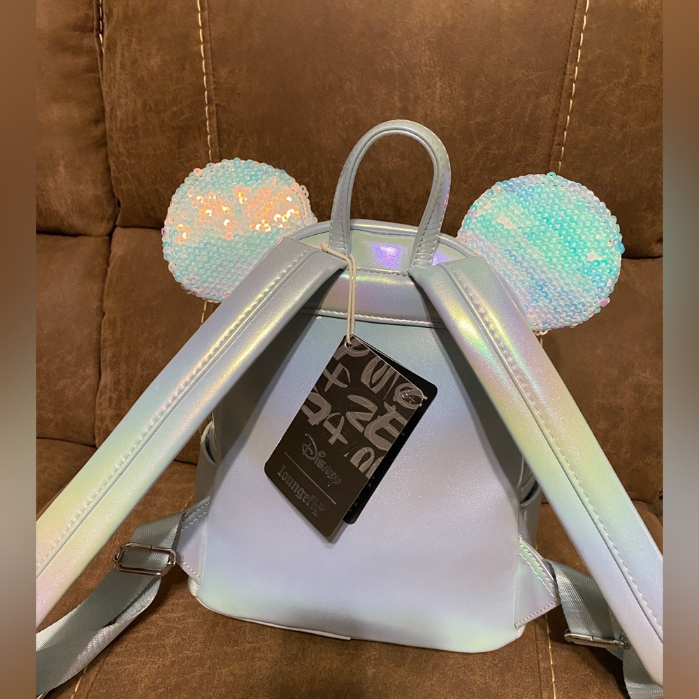 NWT- Loungefly Iridescent Blue Backpack with Sequins ears and bow - Picture 2 of 6